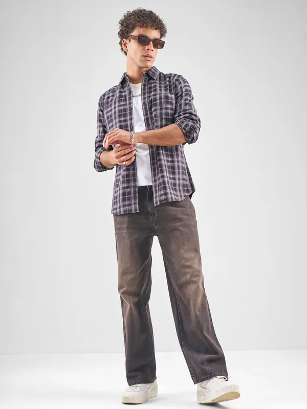 Highlander Men Black Checked Slim Fit Casual Shirt