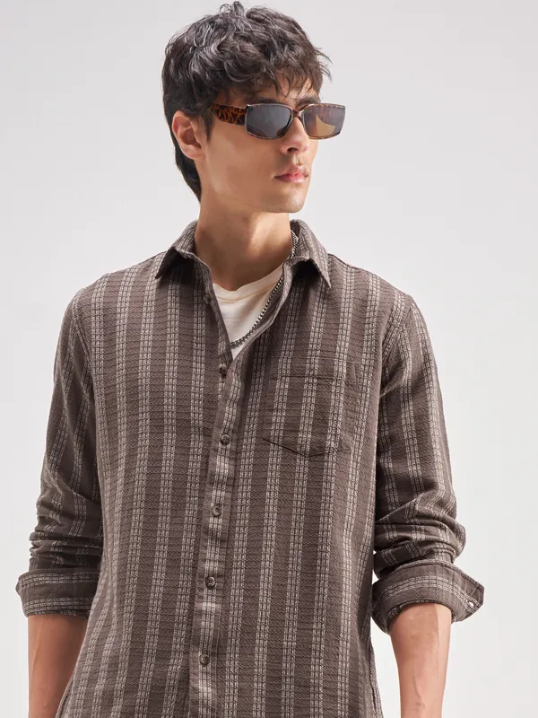 Highlander Men Brown Striped Regular Fit Casual Shirt