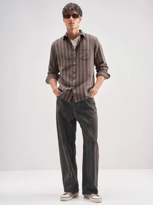 Highlander Men Brown Striped Regular Fit Casual Shirt