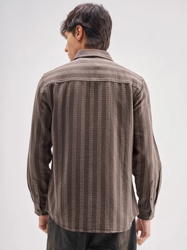 Highlander Men Brown Striped Regular Fit Casual Shirt