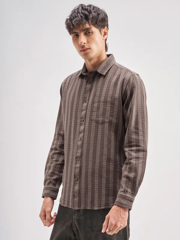 Highlander Men Brown Striped Regular Fit Casual Shirt