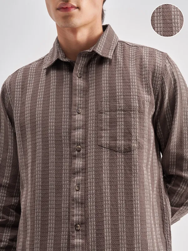 Highlander Men Brown Striped Regular Fit Casual Shirt