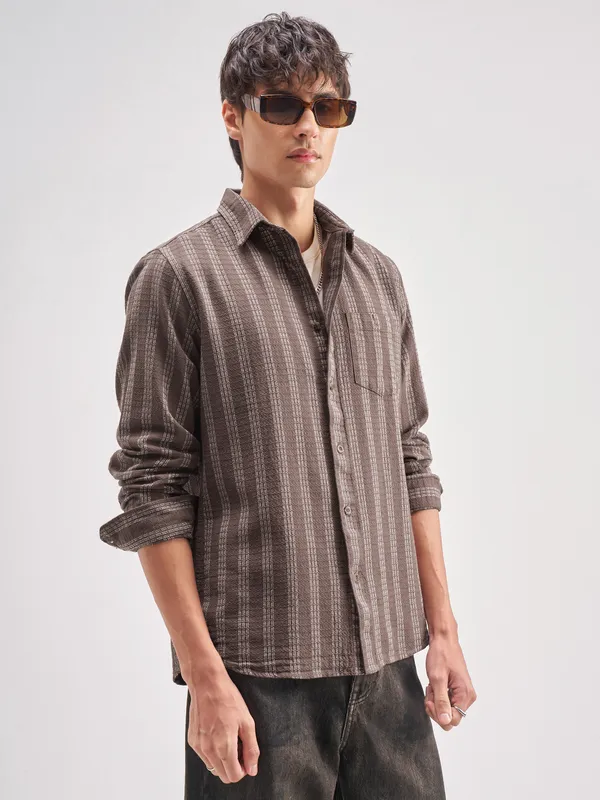 Highlander Men Brown Striped Regular Fit Casual Shirt