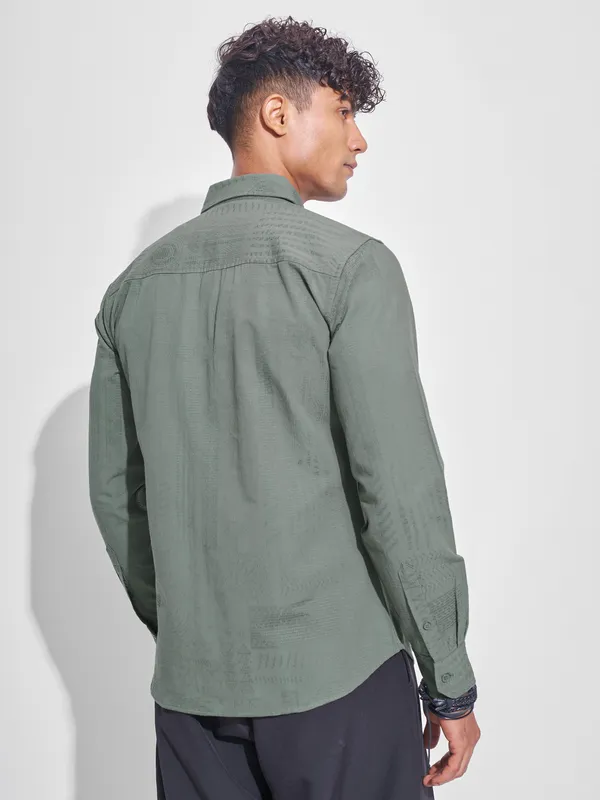 Highlander Men Olive Self Design Slim Fit Casual Shirt