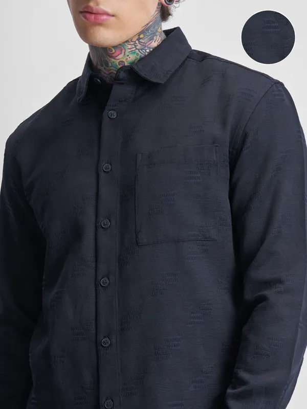 Highlander Men Navy Blue Self Design Relaxed Fit Casual Shirt