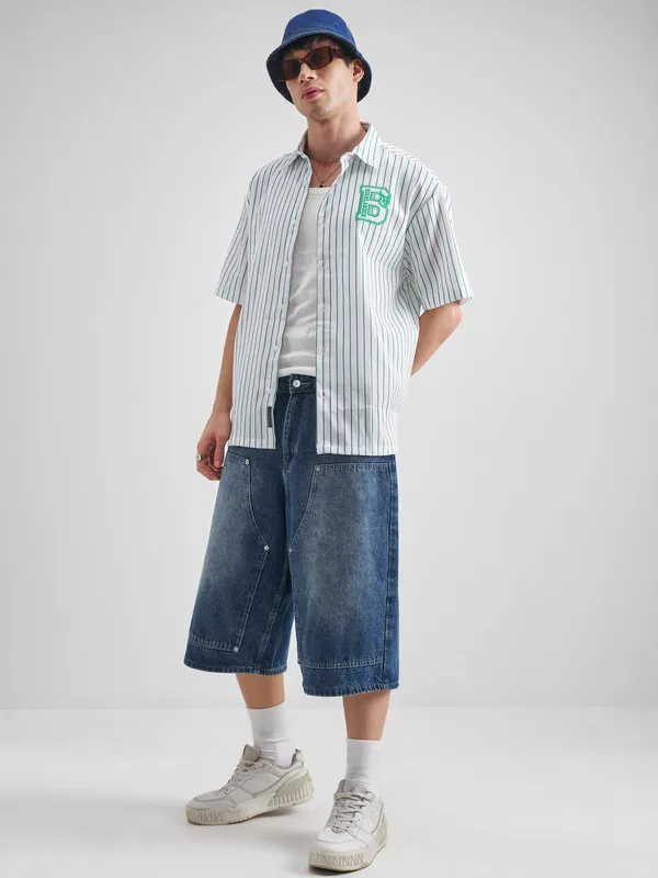 Highlander Men White Striped Oversized Fit Casual Shirt