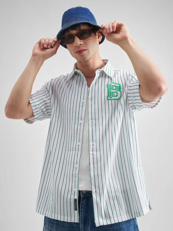 Highlander Men White Striped Oversized Fit Casual Shirt