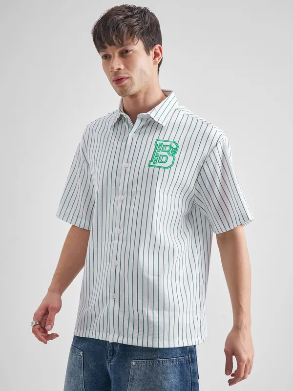 Highlander Men White Striped Oversized Fit Casual Shirt
