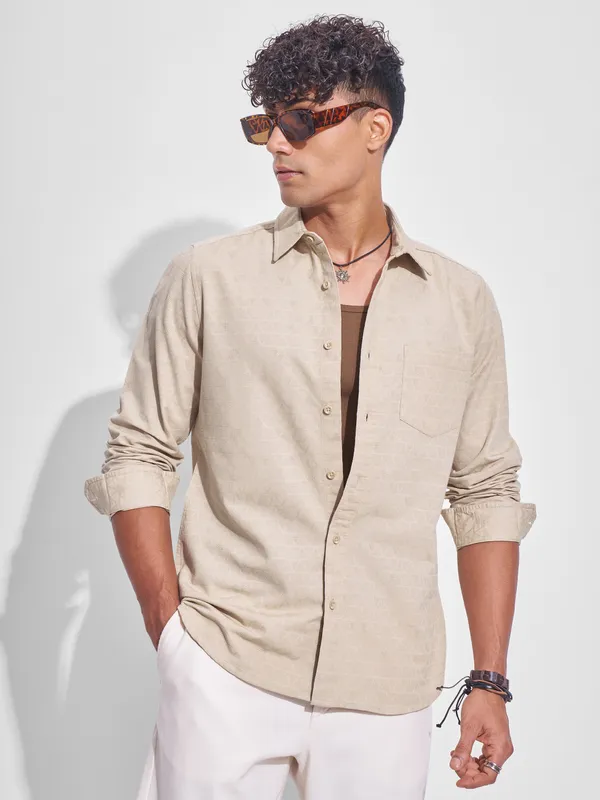 Highlander Men Beige Self Design Slim Fit Casual Shirt