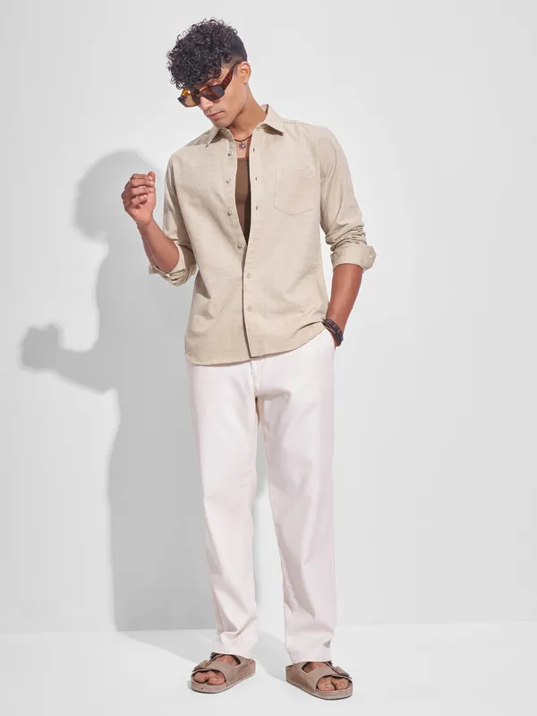 Highlander Men Beige Self Design Slim Fit Casual Shirt