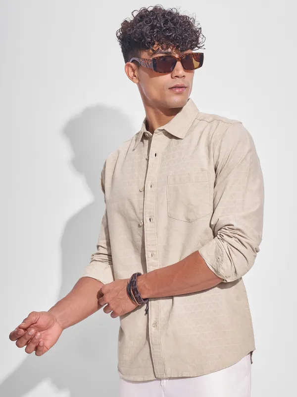 Highlander Men Beige Self Design Slim Fit Casual Shirt
