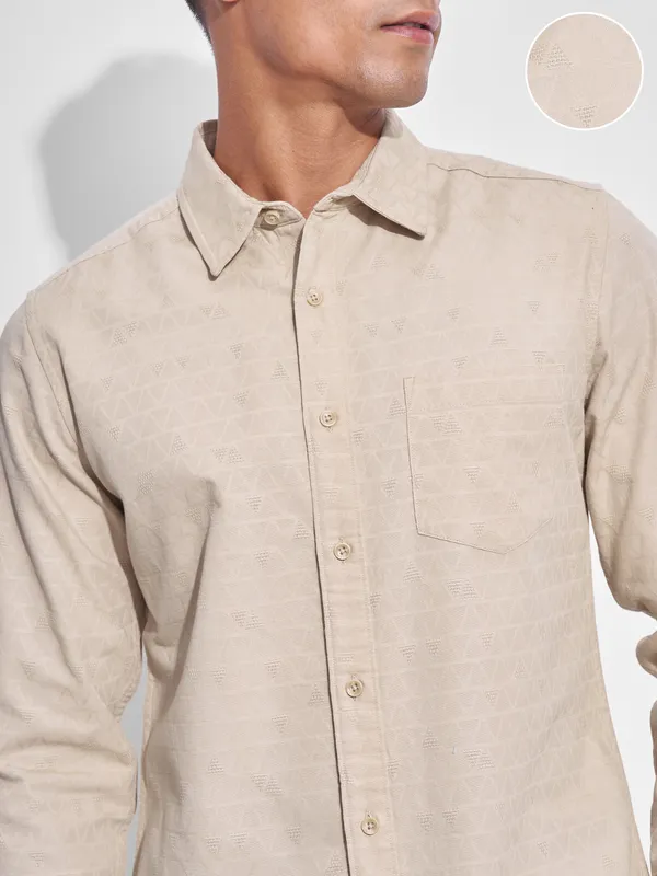 Highlander Men Beige Self Design Slim Fit Casual Shirt