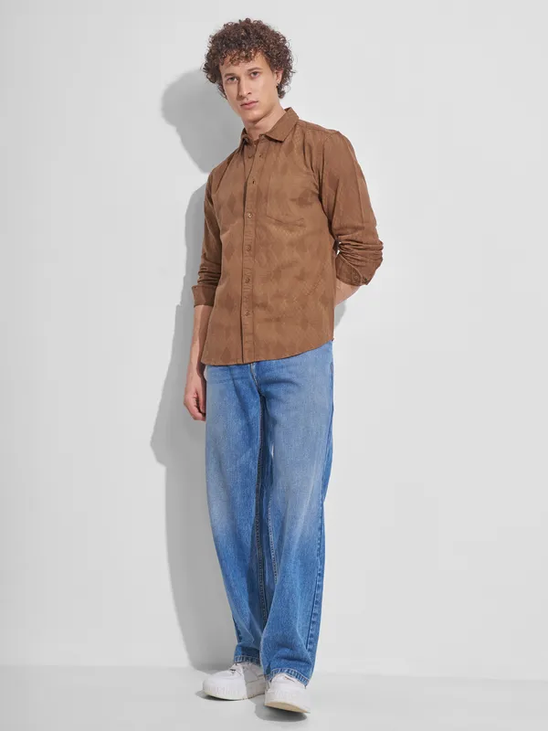 Highlander Men Rust Self Design Slim Fit Casual Shirt