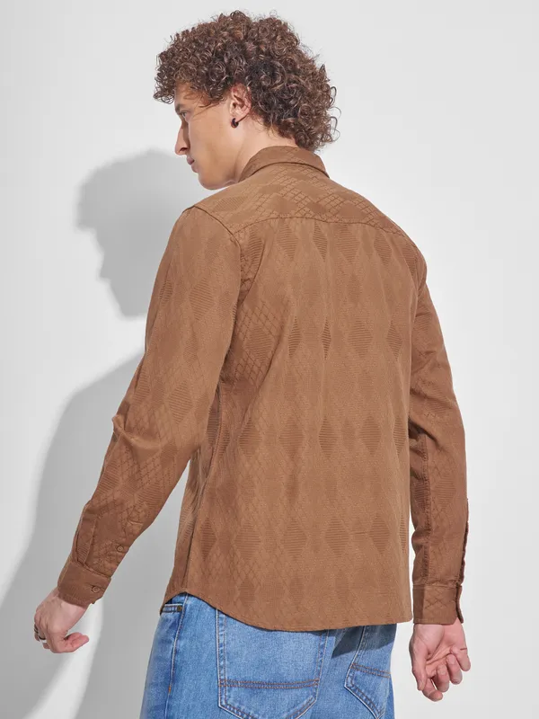 Highlander Men Rust Self Design Slim Fit Casual Shirt