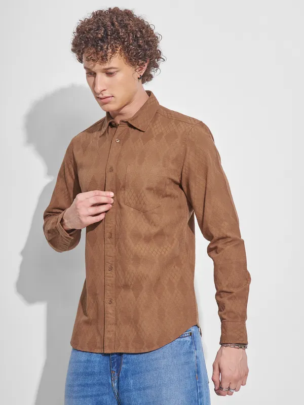 Highlander Men Rust Self Design Slim Fit Casual Shirt