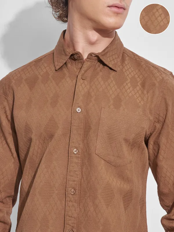 Highlander Men Rust Self Design Slim Fit Casual Shirt