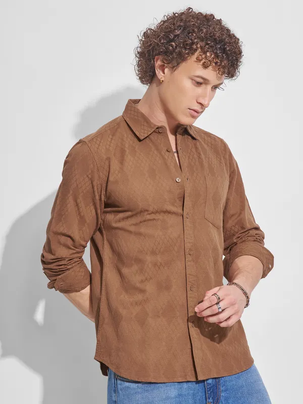 Highlander Men Rust Self Design Slim Fit Casual Shirt