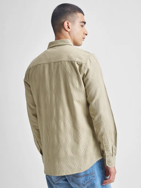 Highlander Men Beige Self Design Slim Fit Casual Shirt