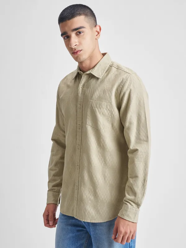 Highlander Men Beige Self Design Slim Fit Casual Shirt