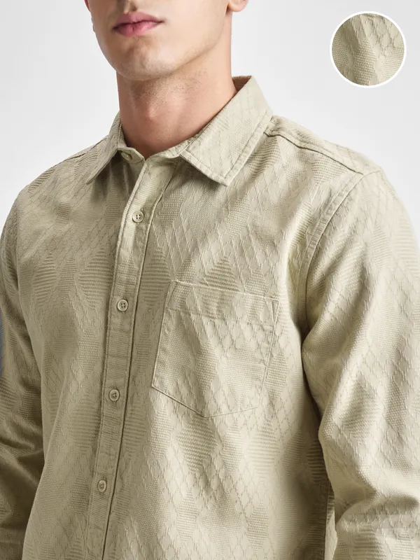 Highlander Men Beige Self Design Slim Fit Casual Shirt