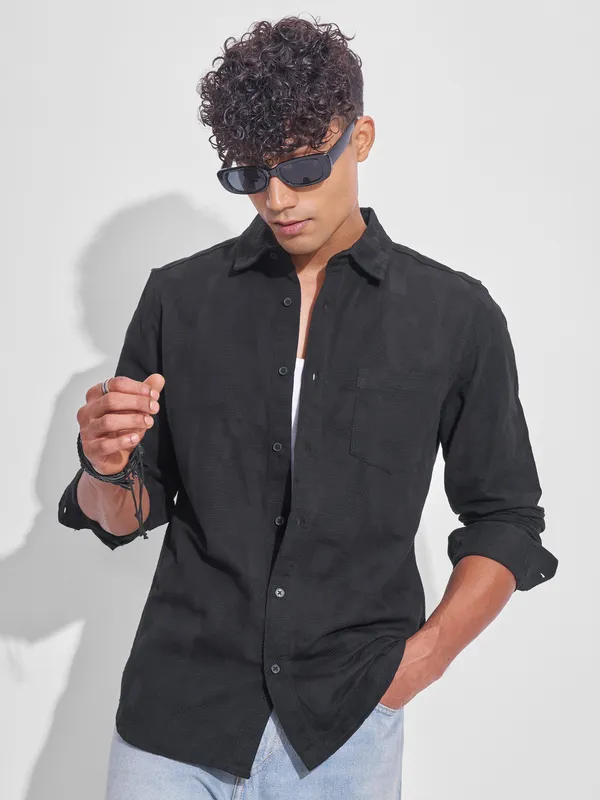 Highlander Men Black Self Design Slim Fit Casual Shirt
