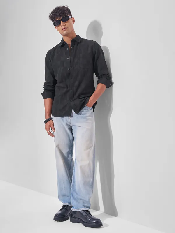Highlander Men Black Self Design Slim Fit Casual Shirt