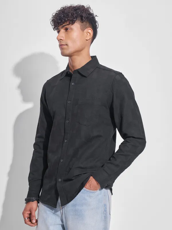 Highlander Men Black Self Design Slim Fit Casual Shirt