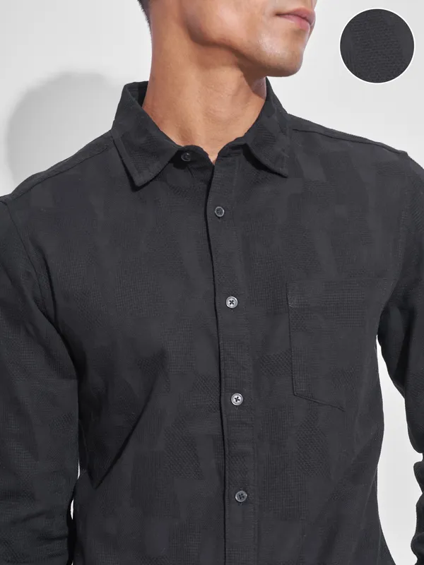 Highlander Men Black Self Design Slim Fit Casual Shirt