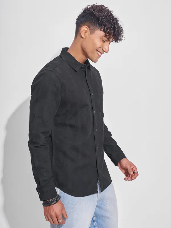 Highlander Men Black Self Design Slim Fit Casual Shirt