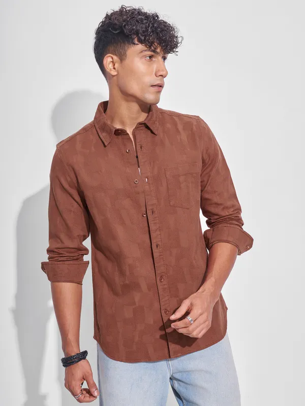 Highlander Men Rust Self Design Slim Fit Casual Shirt