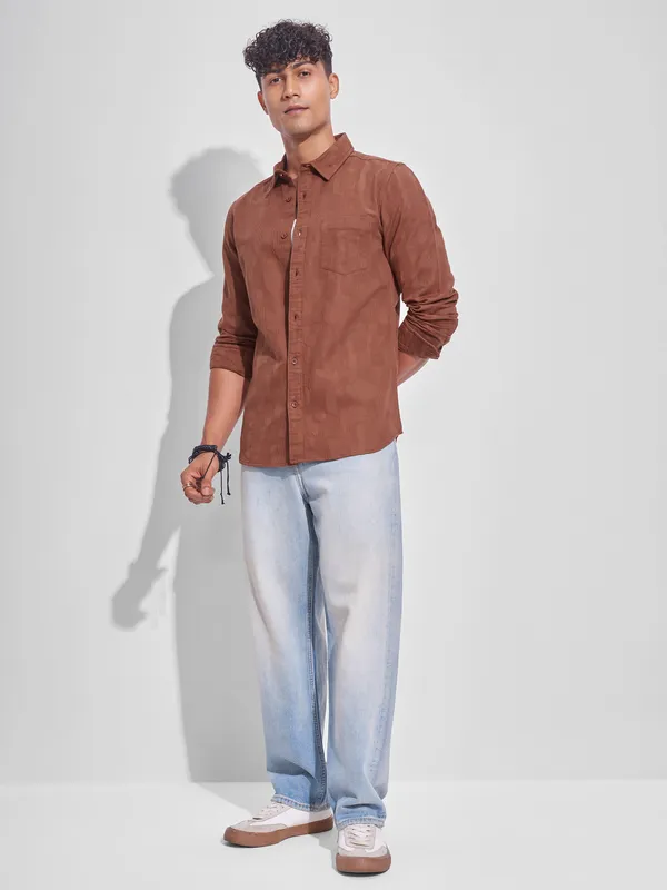 Highlander Men Rust Self Design Slim Fit Casual Shirt