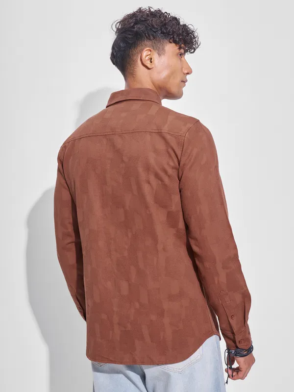 Highlander Men Rust Self Design Slim Fit Casual Shirt