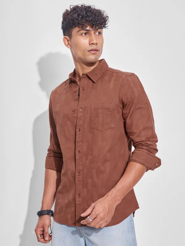 Highlander Men Rust Self Design Slim Fit Casual Shirt