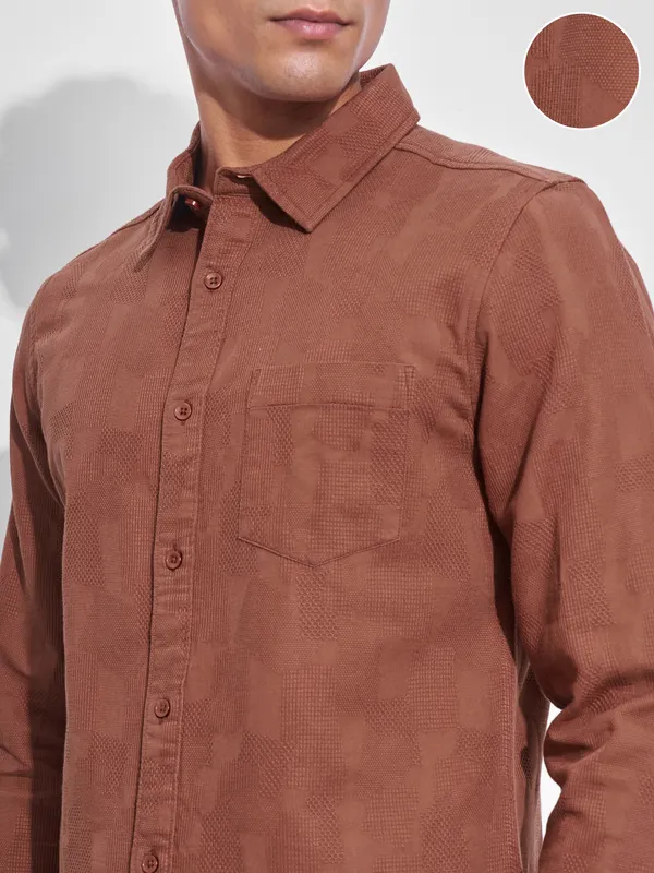 Highlander Men Rust Self Design Slim Fit Casual Shirt