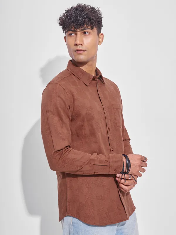 Highlander Men Rust Self Design Slim Fit Casual Shirt