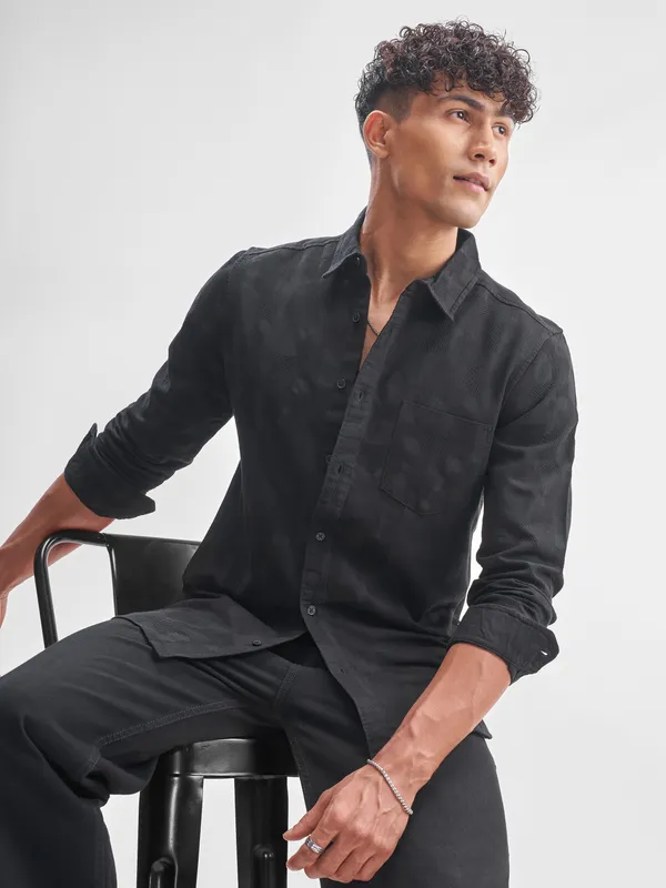 Highlander Men Black Self Design Slim Fit Casual Shirt