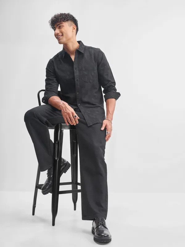Highlander Men Black Self Design Slim Fit Casual Shirt
