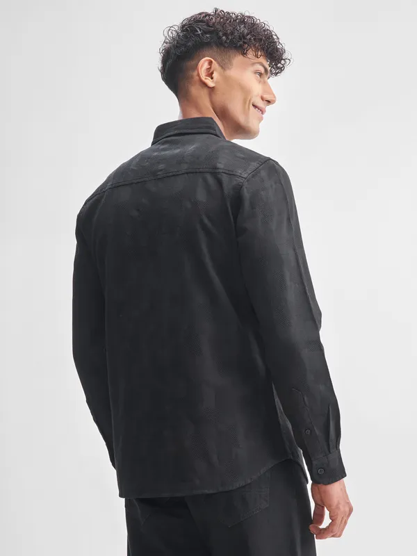 Highlander Men Black Self Design Slim Fit Casual Shirt