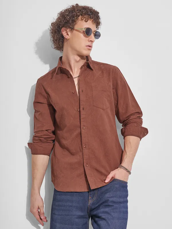 Highlander Men Brown Self Design Slim Fit Casual Shirt