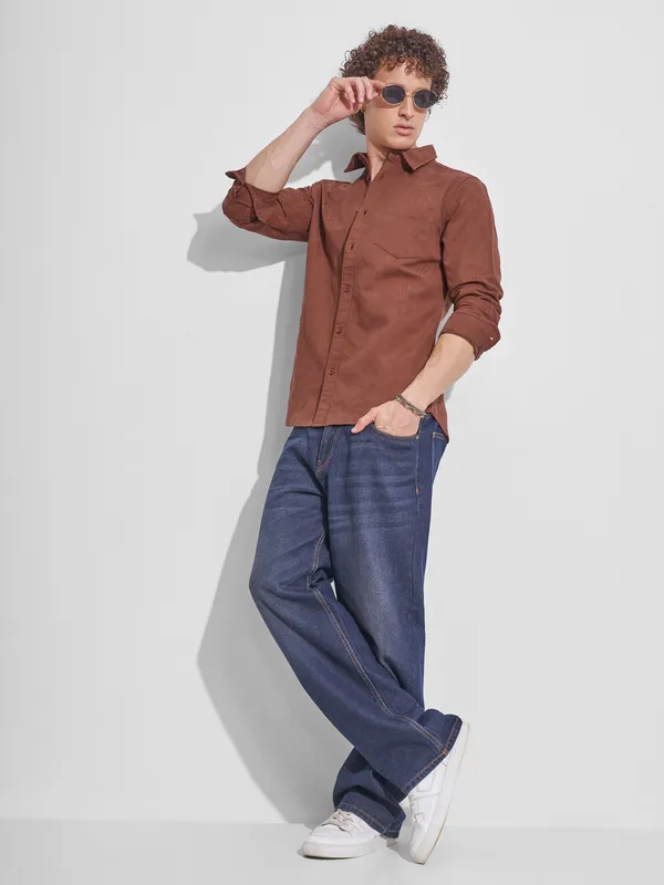 Highlander Men Brown Self Design Slim Fit Casual Shirt