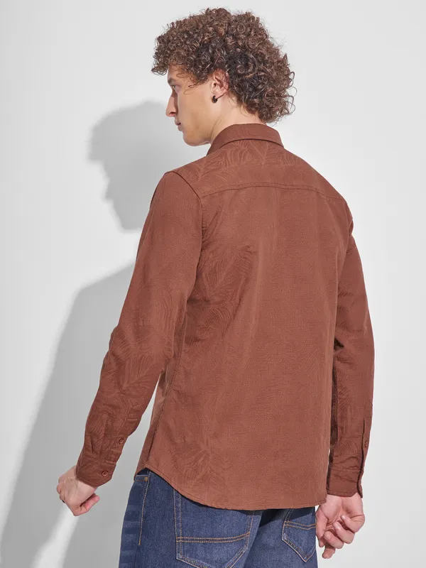 Highlander Men Brown Self Design Slim Fit Casual Shirt