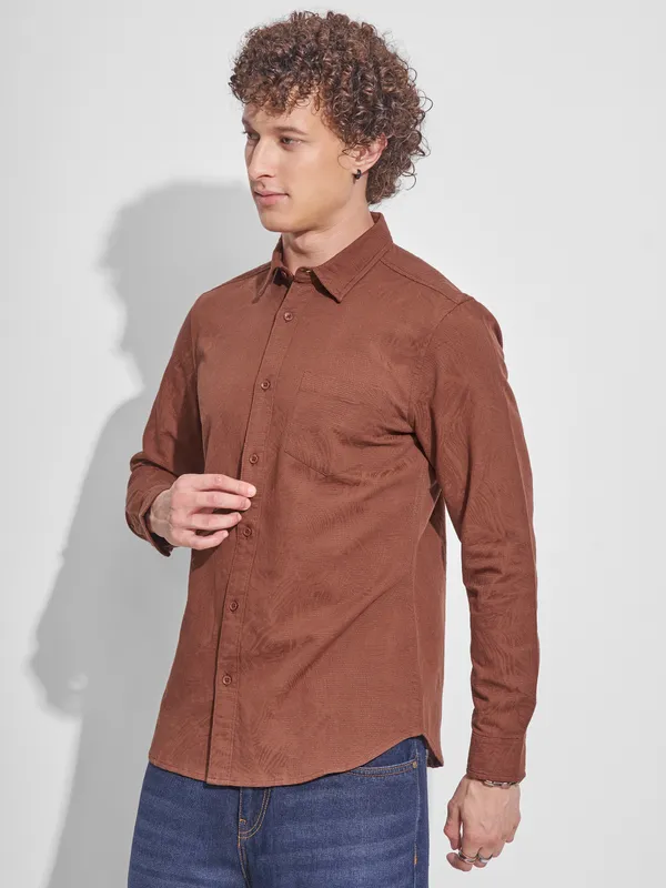 Highlander Men Brown Self Design Slim Fit Casual Shirt