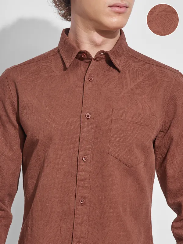 Highlander Men Brown Self Design Slim Fit Casual Shirt