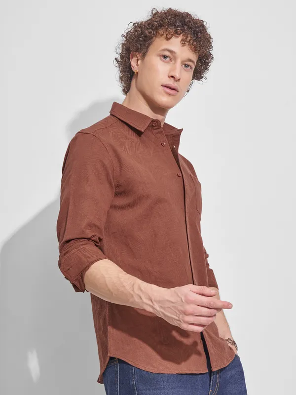 Highlander Men Brown Self Design Slim Fit Casual Shirt