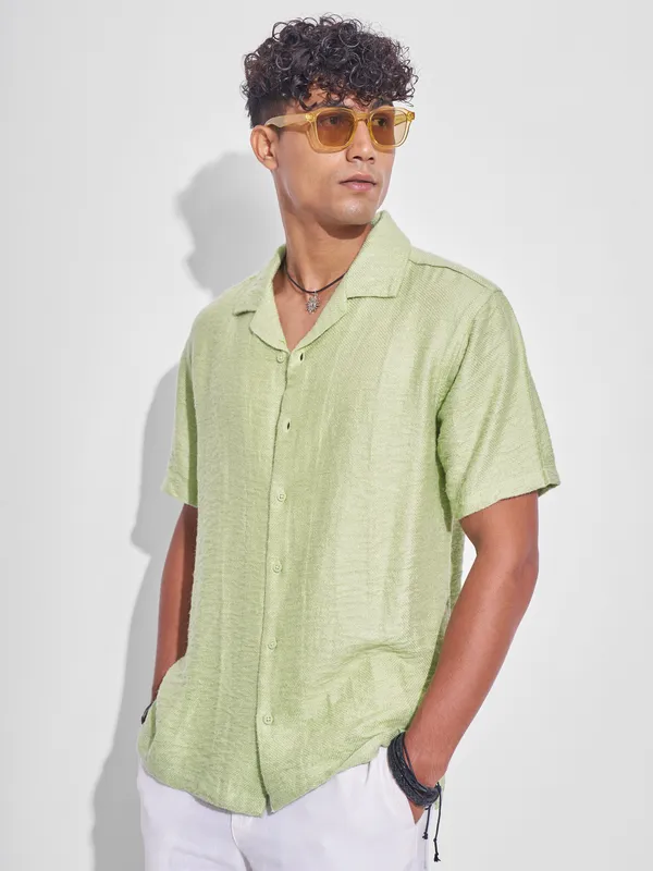 Highlander Men Green Self Design Relaxed Fit Casual Shirt