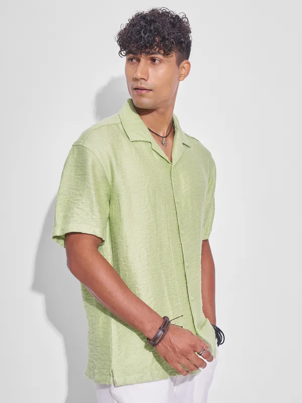 Highlander Men Green Self Design Relaxed Fit Casual Shirt