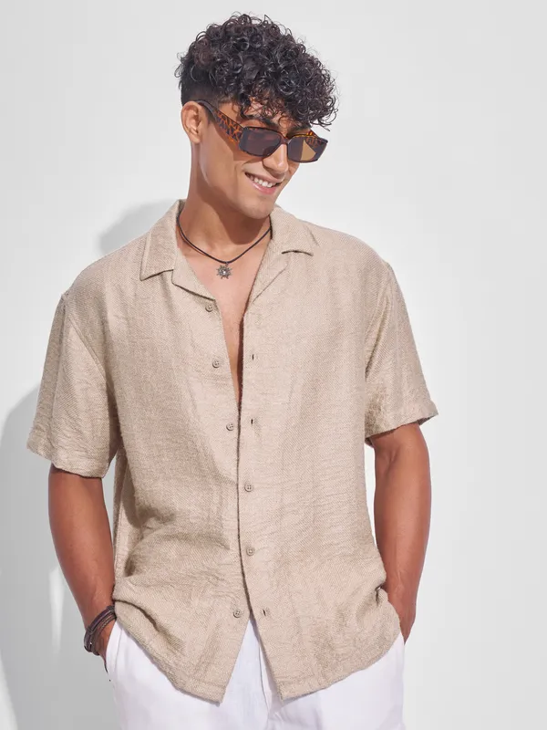 Highlander Men Beige Crushed Relaxed Fit Casual Shirt