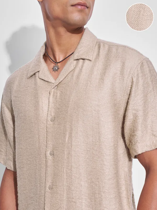 Highlander Men Beige Crushed Relaxed Fit Casual Shirt