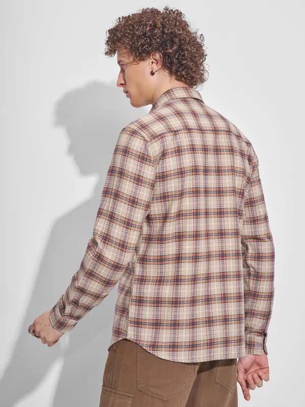 Highlander Men Beige Checked Slim Fit Casual Shirt