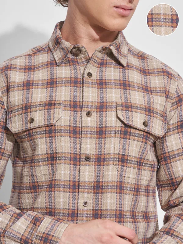 Highlander Men Beige Checked Slim Fit Casual Shirt